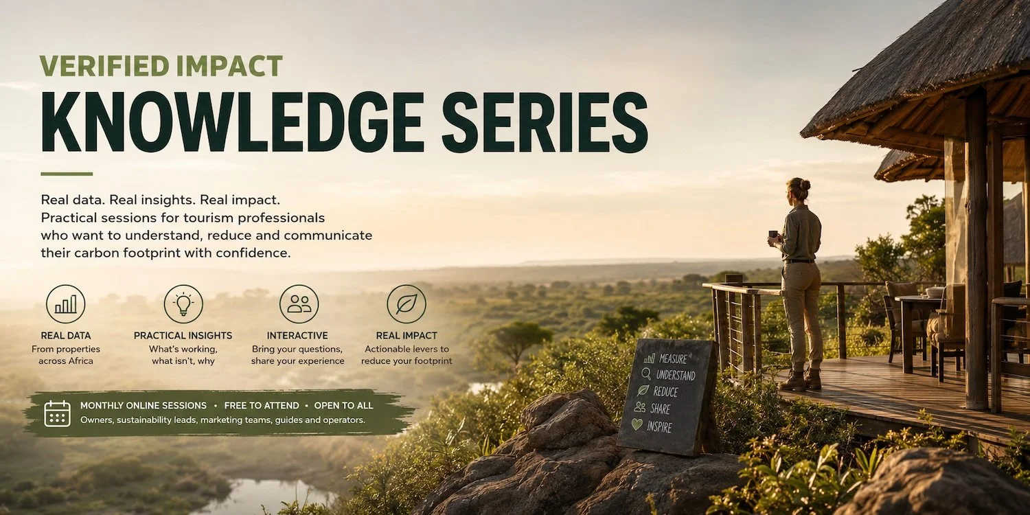 Verified Impact Knowledge Series title panel over a lodge deck looking across a wide African river valley at sunrise