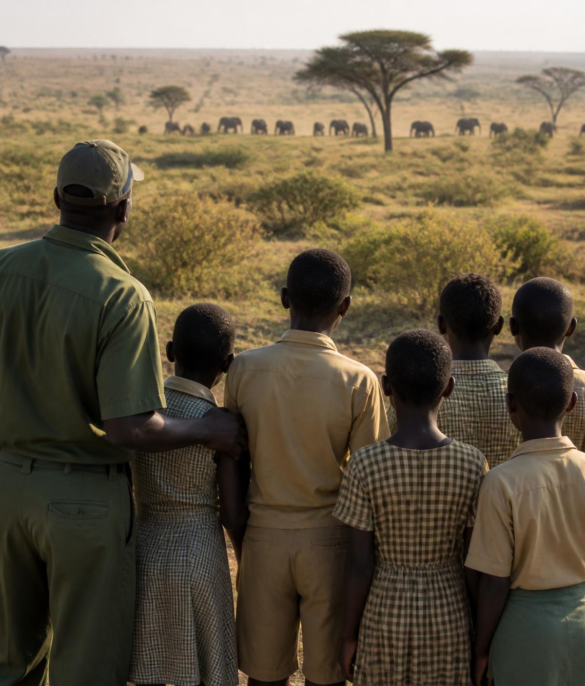 A field guide and a group of local schoolchildren watching elephants cross a savannah plain
